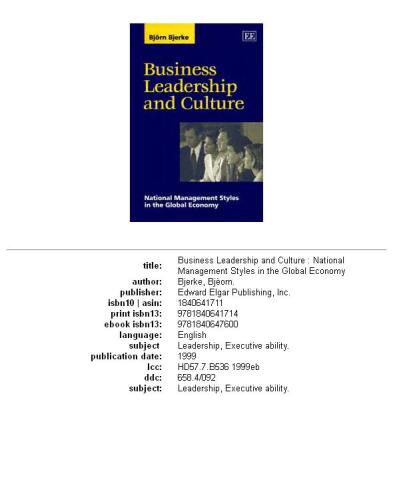 Business Leadership and Culture: National Management Styles in the Global Economy