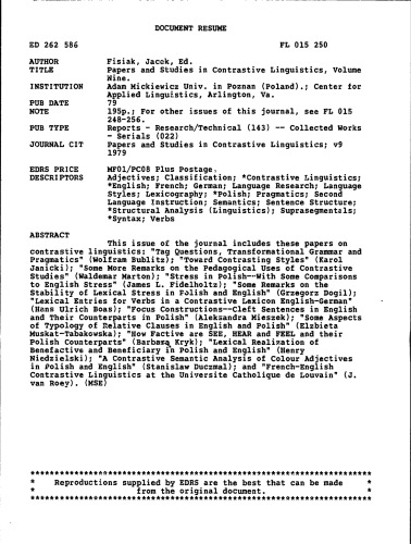 Papers and Studies in Contrastive Linguistics, Volume 9