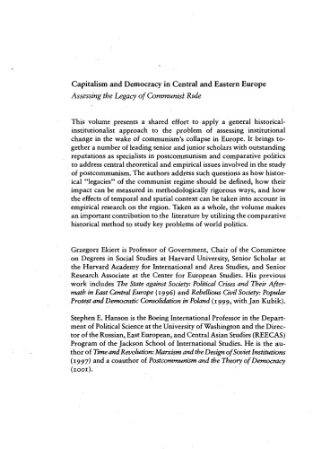 Capitalism and Democracy in Central and Eastern Europe: Assessing the Legacy of Communist Rule