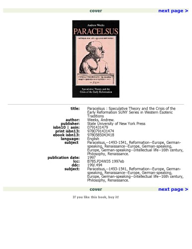 Paracelsus: Speculative Theory and the Crisis of the Early Reformation (S U N Y Series in Western Esoteric Traditions)