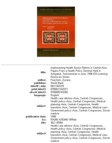Implementing Health Sector Reform in Central Asia: Papers from an Health Policy Seminar Held in Ashgabat, Turkmenistan, June 1996 (Edi Learning Resouces Series)