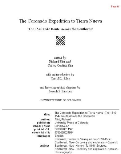 The Coronado Expedition to Tierra Nueva: The 1540-1542 Route Across the Southwest
