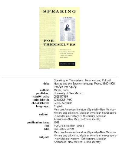 Speaking for Themselves: Neomexicano Cultural Identity and the Spanish-Language Press, 1880-1920 (Paso Por Aqui Series on the Nuevomexicano Literary Heritage)