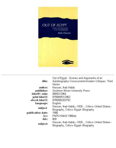 Out of Egypt: Scenes and Arguments of an Autobiography (Crosscurrents Modern Critiques. Third Series)