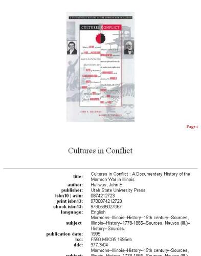 Cultures in Conflict; A Documentary History of the Mormon War in Illinois