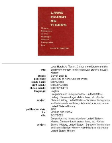Laws Harsh As Tigers: Chinese Immigrants and the Shaping of Modern Immigration Law (Studies in Legal History)