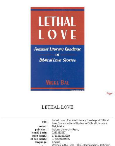 Lethal Love: Feminist Literary Readings of Biblical Love Stories (Indiana Studies in Biblical Literature)