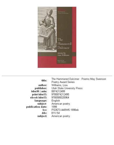 The Hammered Dulcimer: poems by Lisa Williams (May Swenson Poetry Award Series)