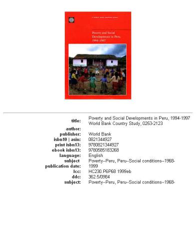 Poverty and Social Developments in Peru, 1994-1997 (World Bank Country Study)