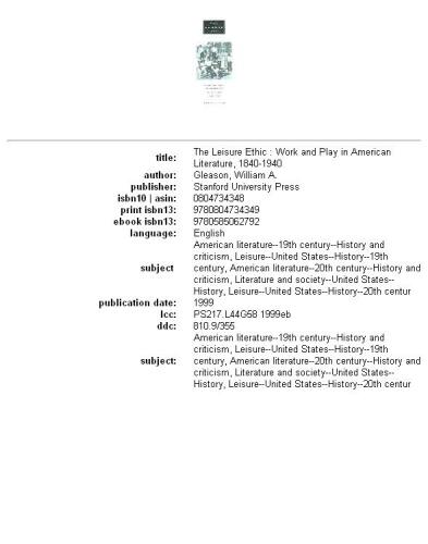 The Leisure Ethic: Work and Play in American Literature, 1840-1940