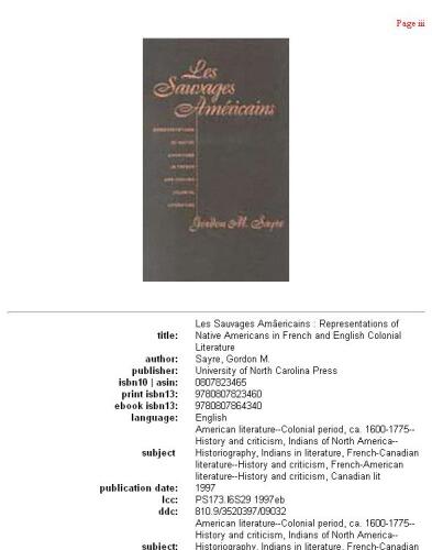 Les Sauvages Americains: Representations of Native Americans in French and English Colonial Literature