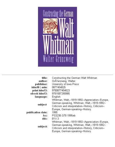 Constructing German Walt Whitman (Iowa Whitman Series)