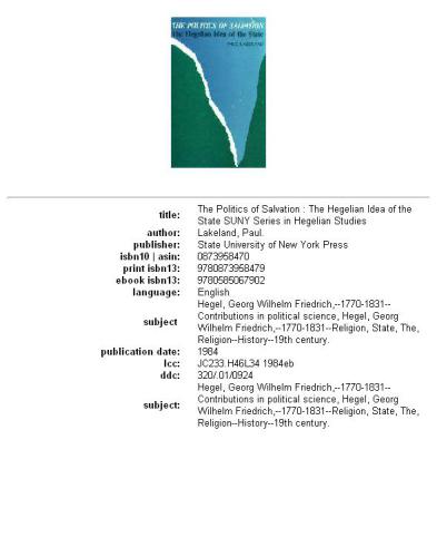 The Politics of Salvation: The Hegelian Idea of the State