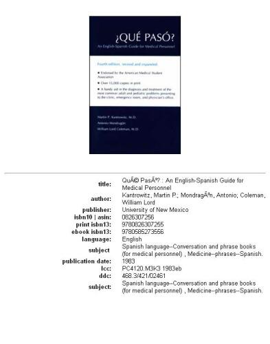 ¿Que Paso?: An English-Spanish Guide for Medical Personnel