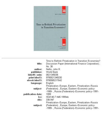 Time to Rethink Privatization in Transition Economies? (Discussion Paper (International Finance Corporation))