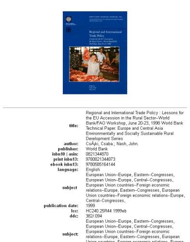 Regional and International Trade Policy: Lessons for the Eu Accession in the Rural Sector -  World Bank Fao Workshop, June 20-23, 1998 (World Bank Technical Paper, No. 434.)