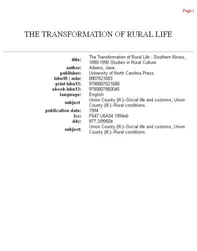 The Transformation of Rural Life: Southern Illinois, 1890-1990 (Studies in Rural Culture)