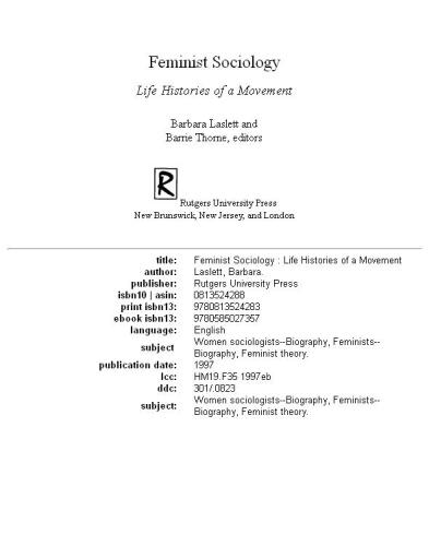 Feminist Sociology: Life Histories of a Movement