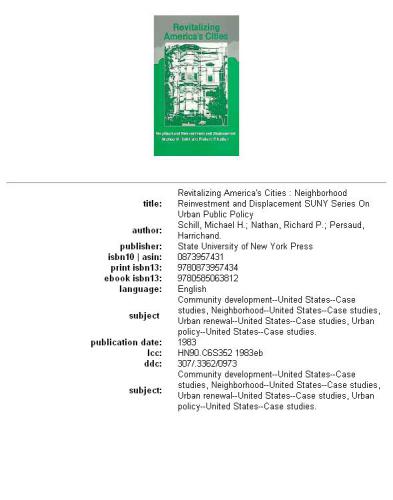 Revitalizing America’s Cities: Neighborhood Reinvestment and Displacement