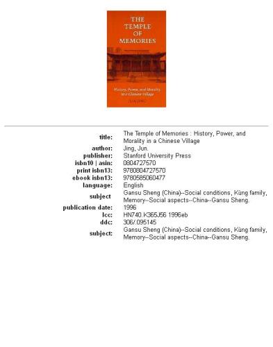 The Temple of Memories: History, Power, and Morality in a Chinese Village