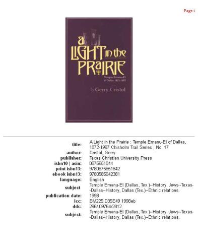 A Light in the Prairie: Temple Emanu-El of Dallas, 1872-1997 (Chisholm Trail Series, No 17)