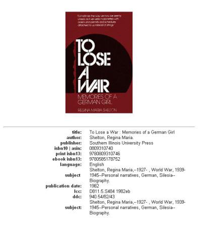 To Lose a War: Memories of a German Girl