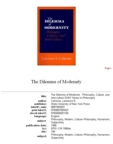The Dilemma of Modernity: Philosophy, Culture, and Anti-Culture