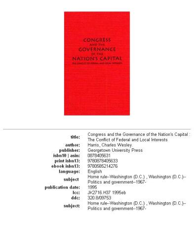Congress and the Governance of the Nation's Capital: The Conflict of Federal and Local Interests