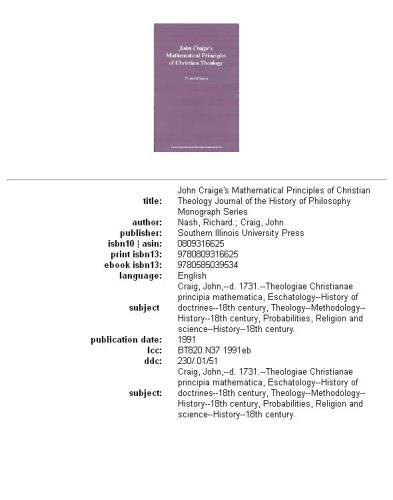John Craige's Mathematical Principles of Christian Theology (Journal of the History of Philosphy)