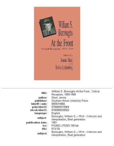 William S. Burroughs At the Front: Critical Reception, 1959 - 1989