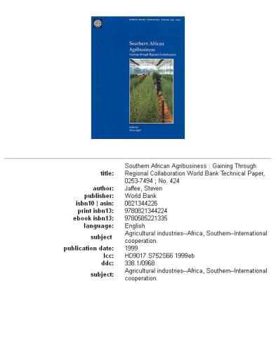 Southern African Agribusiness: Gaining Through Regional Collaboration (World Bank Technical Paper, No. 424)