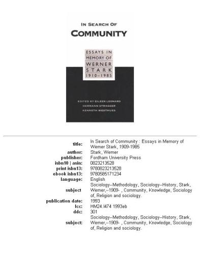 In Search of Community: Essays in Memory of Werner Stark, 1905-85