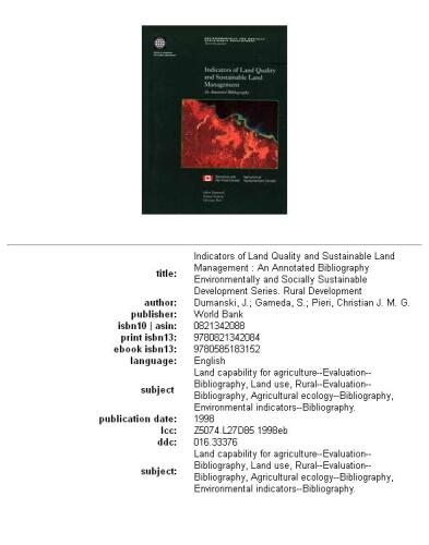 Indicators of Land Quality and Sustainable Land Management: An Annotated Bibliography (Environmentally and Socially Sustainable Development Series. Rural Development)