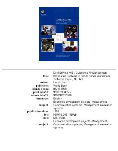 Demistifying Mis: Guidelines for Management Information Systems in Social Funds (World Bank Technical Paper)