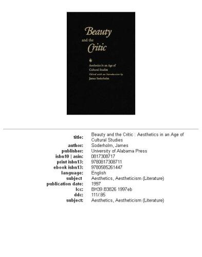 Beauty and the Critic: Aesthetics in an Age of Cultural Studies