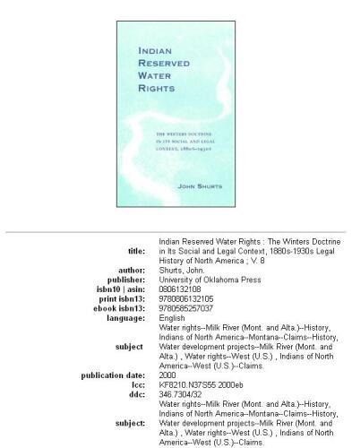 Indian Reserved Water Rights: The Winters Doctrine in Its Social and Legal Context, 1880S-1930s (Legal History of North America)