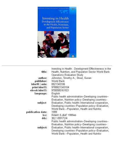 Investing in Health: Development Effectiveness in the Health, Nutrition, and Population Sectors (Evaluation Country Case Study Series)