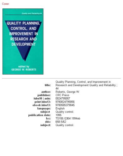 Quality Planning, Control, and Improvement in Research and Development (Quality and Reliability, Vol 44)