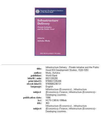 Infrastructure Delivery: Private Initiative and the Public Good (Edi Development Studies)