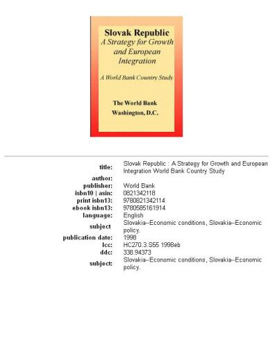 Slovak Republic: A Strategy for Growth and European Integration (World Bank Country Study)