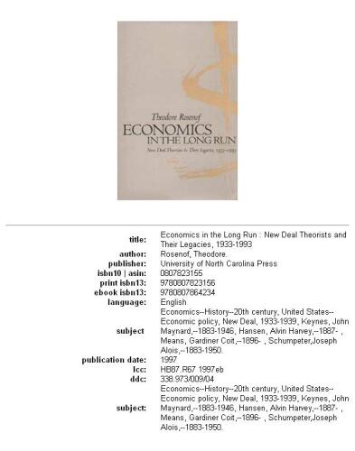 Economics in the Long Run: New Deal Theorists and Their Legacies, 1933-1993