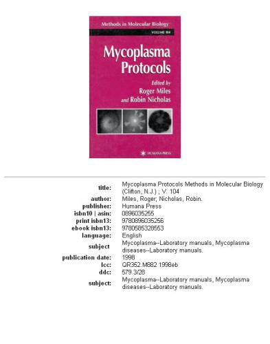 Mycoplasma Protocols (Methods in Molecular Biology Vol 104)