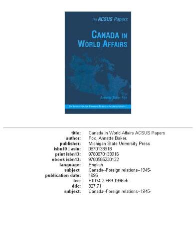 Canada in World Affairs (Acsus Papers)