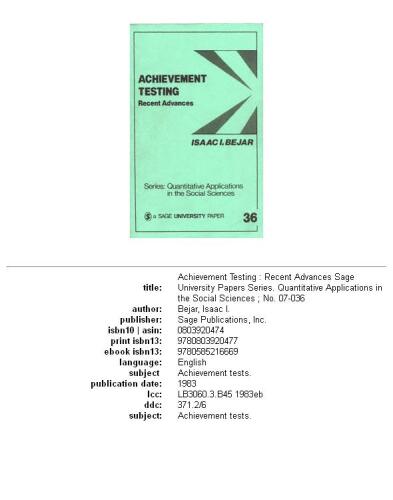 Achievement Testing: Recent Advances (Quantitative Applications in the Social Sciences)