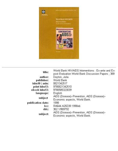 World Bank HIV Aids Interventions: Ex-Ante and Ex-Post Evaluation (World Bank Discussion Paper)