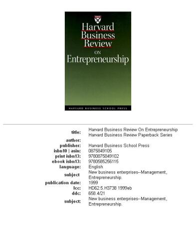 Harvard Business Review on Entrepreneurship (Harvard Business Review Paperback Series)