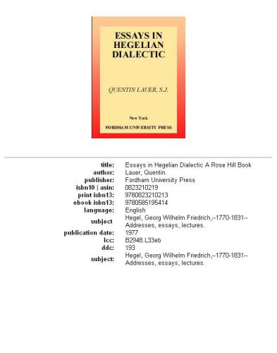 Essays in Hegelian Dialectic (Rose Hill Book)