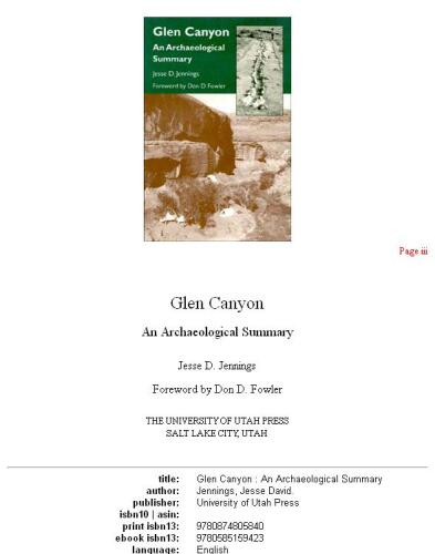 Glen Canyon: An Archaeological Summary