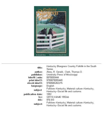 Kentucky Bluegrass Country (Folklife in the South Series)