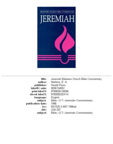 Jeremiah (Believers Church Bible Commentary)